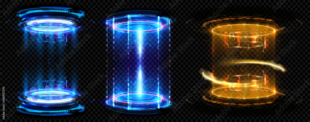 Poster magic shimmering light portals set isolated on black background. circle portals, teleport, hologram 