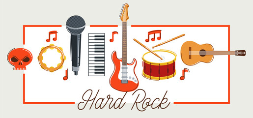 Rock music band vector poster flat illustration isolated over white background, hard rock and heavy metal live sound festival or concert flyer or advertising banner, rock n roll musical band playing.