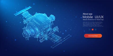 The satellite isolated on blue background. Wireless satellite technology, communication or network concept. Satellite from lines and triangles. Vector illustration © ZinetroN