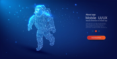 Abstract polygonal astronaut in outer space. Astronaut in a space suit is flying in space in low poly style isolated on a blue background. Vector illustration © ZinetroN