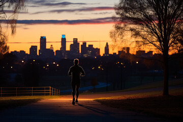 A dynamic, early morning scene featuring a determined jogger, embarking on a New Year's fitness resolution. The setting is a tranquil city park just before sunrise, with the city sk