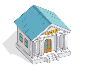 Bank building retro vintage architecture cartoon isolated over white background. Vector 3d isometric business and finance illustration, thin line design.