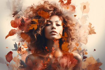Naklejka premium mindful double exposure portrait of an african american woman with autumn leaves on white background