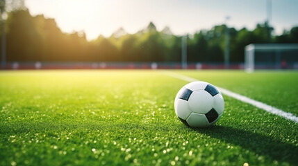 Fototapeta premium Soccer ball on the green field of stadium. Close-up