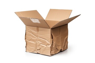 Damaged Box Isolated, Craft Paper Delivery Package, Broken Carton Packaging, Crumpled Cardboard Box