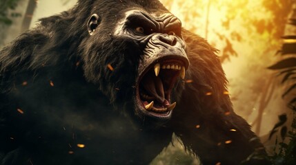 Angry aggressive monkey gorilla in jungle. Screaming king kong in forest. create using a generative...
