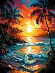 A Sunset Over A Beach - Beach paradise sunset with tropical palm trees