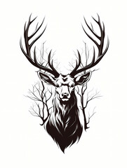 A Black And White Drawing Of A Deer Head With Antlers - Black silhouette stag on white background