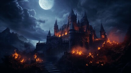 Illustration of an evil castle, nighttime with fire. create using a generative AI tool  - obrazy, fototapety, plakaty