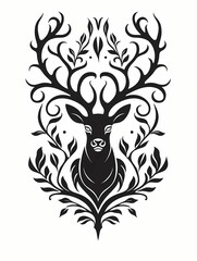 A Black And White Drawing Of A Deer With Leaves - Black silhouette stag on white background