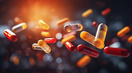 
Pharmacy and medicine, antidepressant and vitamin concept. Group of pills and medicine capsules flying. Close-up. create using a generative ai tool  - obrazy, fototapety, plakaty