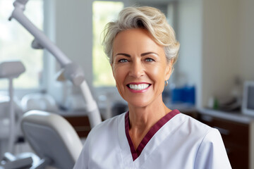 Fototapeta premium Smiling women dentist at work. Women dentist in her office. Work. AI. 