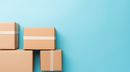Cardboard boxes on blue background with copy space. 3D rendering