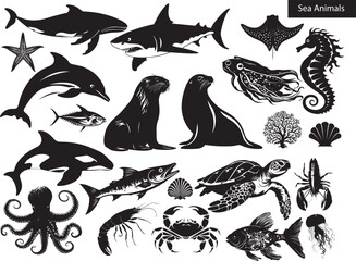 Set animal Silhouette, sea animal silhouette set, whale, dolphins, tuna, starfish, stingray, jelly, fish, turtle, sea horse, sea seal, crab, coral, shrimp