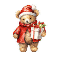 Cute watercolor teddy bear. Santa Claus teddy bear