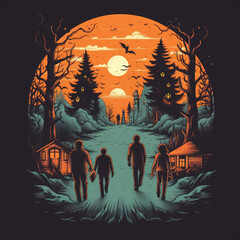 Embrace classic horror themes like zombies, ghosts, and vampires, colorful Halloween professional t-shirt design AI Generated