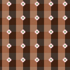 Abstract check plaid pattern in dark brown. Seamless tartan with flowers line grid for textile