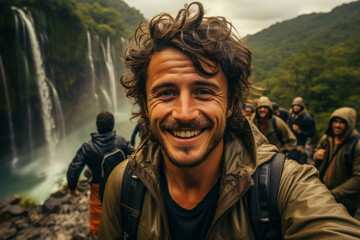 Obraz premium Tourist taking a selfie in front of a waterfall.
