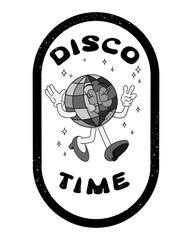 Grunge label with cartoon disco ball character and slogan Disco Time in hand drawn groovy style. Vintage hand drawn female old cartoon character. Print design with scratches. Hippie composition