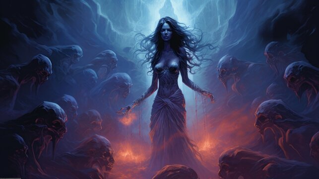 sorceress in dark purple robe with dark hair indian woman fighting skeletons and zombies with magic forcefield