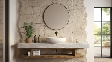 Minimalistic bathroom featuring a natural stone