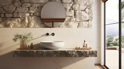 Minimalistic bathroom featuring a natural stone