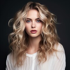Fototapeta premium Stylish young woman with wavy blonde hair at a salon, representing beauty, fashion, and hairdressing expertise. Ai generated