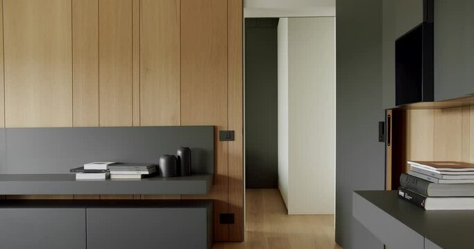 Detail in living room interior, cabinet, shelf with books and wall with wooden panels. Wood cladding from natural materials indoors at contemporary apartment