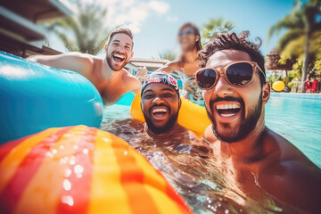 Happy Friends on an Inflatable Circle in Pool, Water Park Fun, Laughing Youth, Generative AI Illustration - obrazy, fototapety, plakaty
