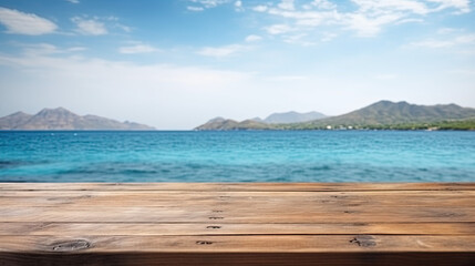 Wooden table on the background of the sea, podium, product display.Product Mock up. 