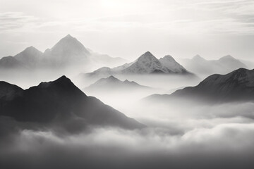Stunning Black and White Landscape Painting of Mountains in Fog - obrazy, fototapety, plakaty