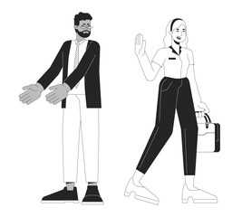 Leaving office on time black and white cartoon flat illustration. Work life balance woman gen z, angry older manager 2D lineart characters isolated. Quiet quitter monochrome scene vector outline image