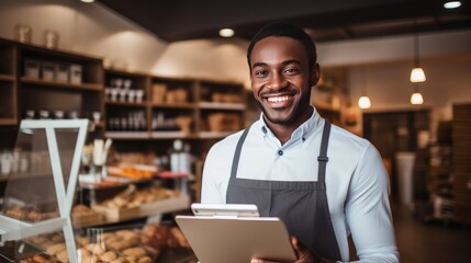 Fototapeta premium Cheerful barista with a digital tablet in a sunny café, with fresh pastries and a colleague working in the background. Ai generated