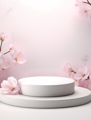3d rendering white cherry blossom background booth, podium, stage, product commercial photography background, PPT background product cosmetics display