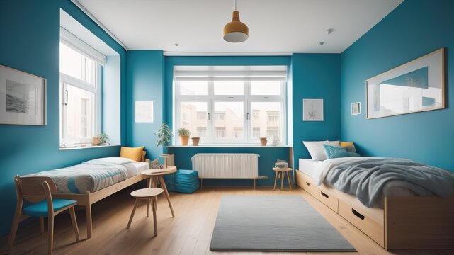 Bright youth dorm room with typical decoration and furniture 