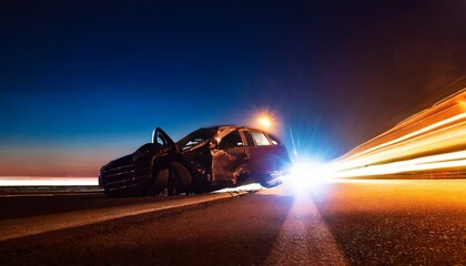  Car crash dangerous accident on the road at night. copy space