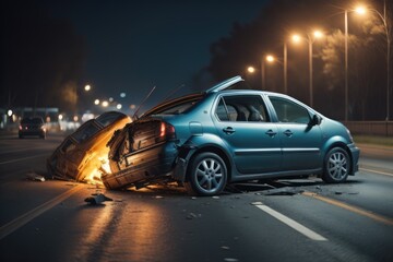 Obraz premium Car crash dangerous accident on the road at night. copy space