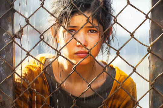 Sad Young Girl Behind Fencing In A Migrant Detention Camp.