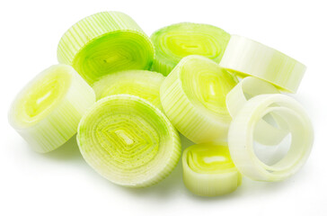 Rings of leek isolated on white background.