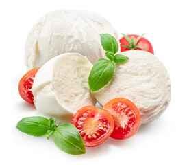 Mozzarella with tomatoes and basil leaves isolated on white background.