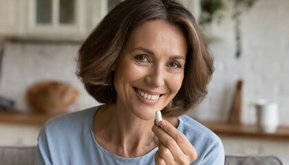 Closeup portrait of happy middle aged 50s woman holding pill taking dietary supplements - obrazy, fototapety, plakaty