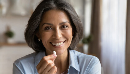 Closeup portrait of happy middle aged 50s woman holding pill taking dietary supplements