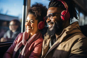 Smiling african american man and woman in headphones traveling by bus. ia generative - obrazy, fototapety, plakaty