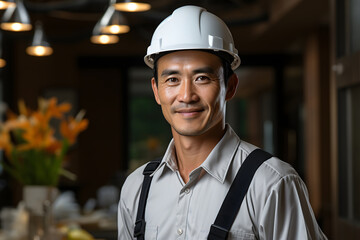 Portrait of asian engineer or architect wearing safety helmet and looking at camera. ia generative - obrazy, fototapety, plakaty