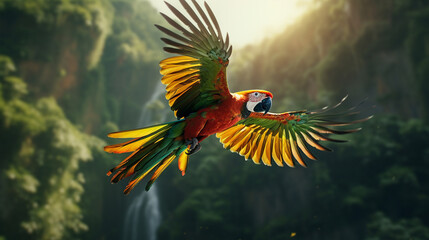 Fototapeta premium A parrot flies through the jungle