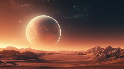 Naklejka na ściany i meble Sand dunes on the background of a planet at night