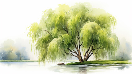 A watercolor painting of a willow tree in clipart style