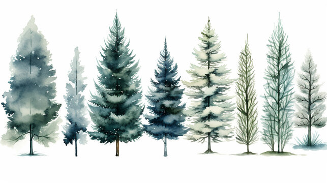 Watercolor fir trees in clipart style