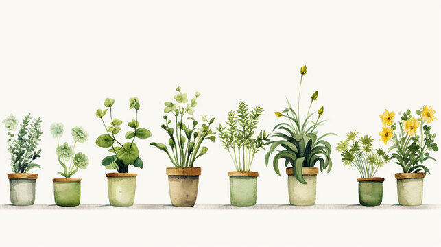 A set of plants painted in watercolor in clipart style