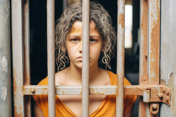 Sad young Latina girl in juvenile detention center. - obrazy, fototapety, plakaty